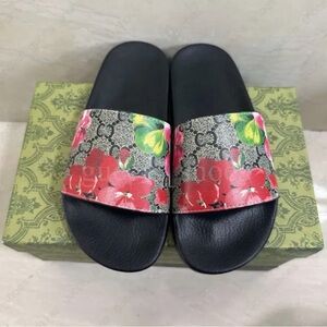 Floral Slide Sandals for Women - Black with Red Floral Strap